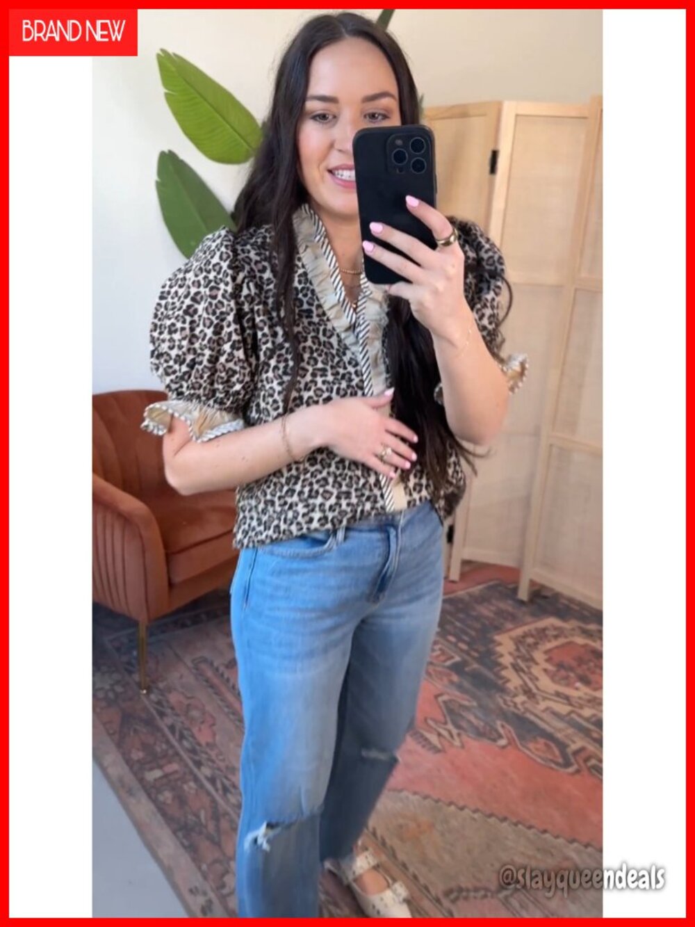 Ruffle Trim Floral Blouse with Short Puff Sleeves V-Neck Button Down Lightweight - Picture 6 of 6
